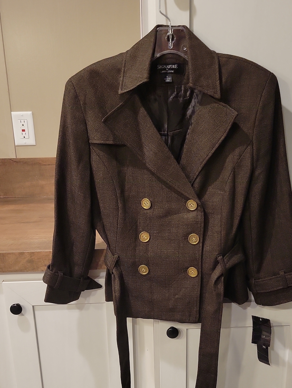 Larry Levine Brown Double-Breasted Belted Pea Coat